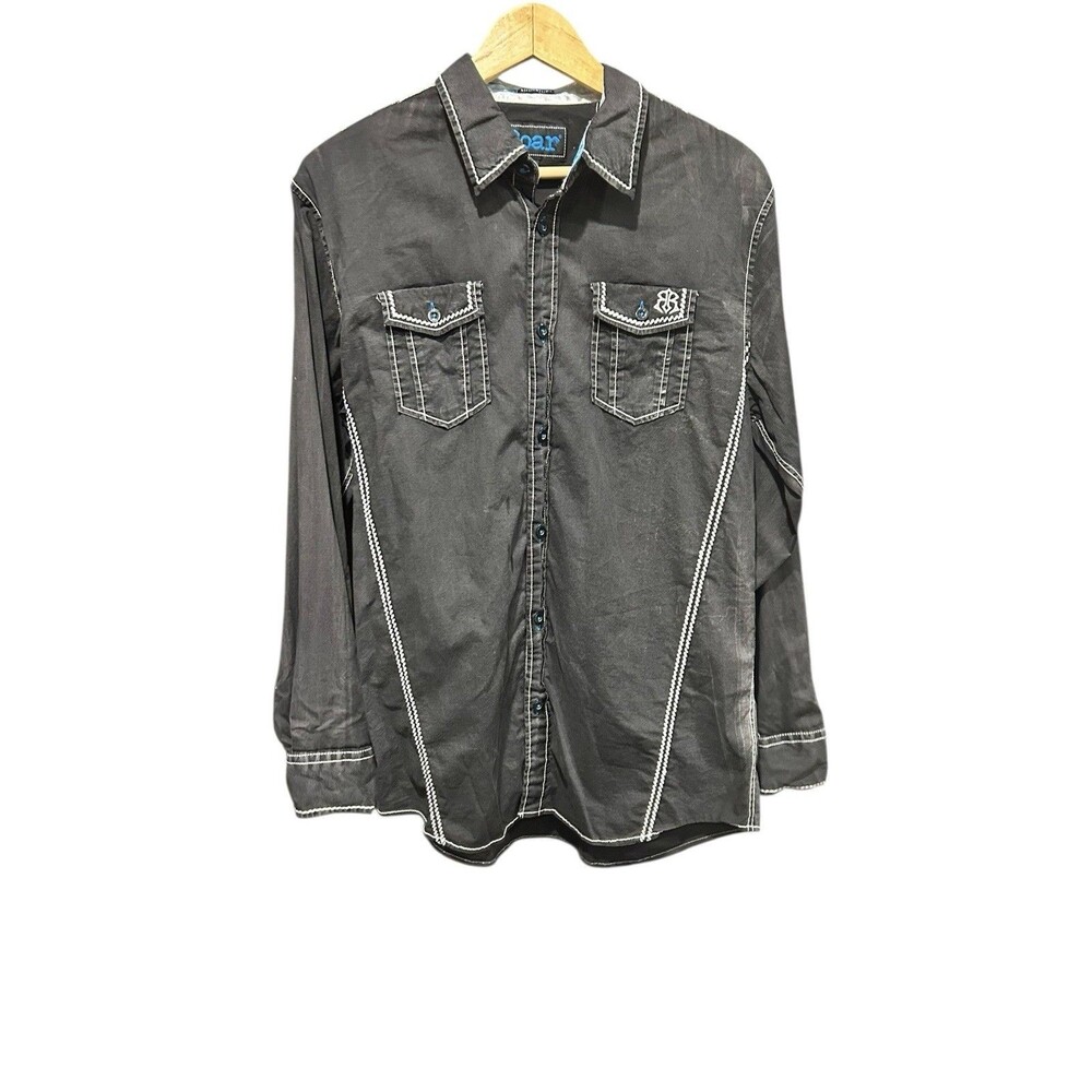 Roar Embroidered Button Down Top Pockets Collared Black Thick Stitch Size Med